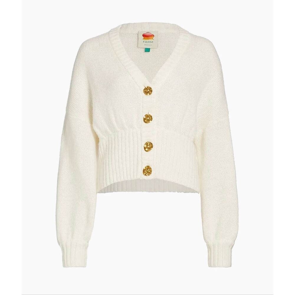 Farm Rio Ribbed Goldtone-Buttoned Cardigan Off White Size S - Picture 1 of 13